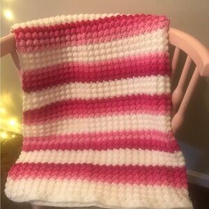 Crochet striped throw blanket. White with pink stripes. Handmade. New